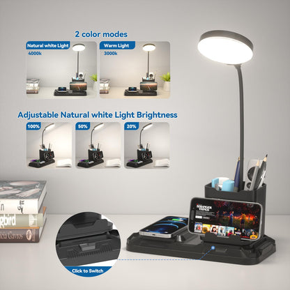 KDD 4 in 1 Desk Lamp with Wireless Charger, 360? Gooseneck, Adjustable White & Warm Light, Black