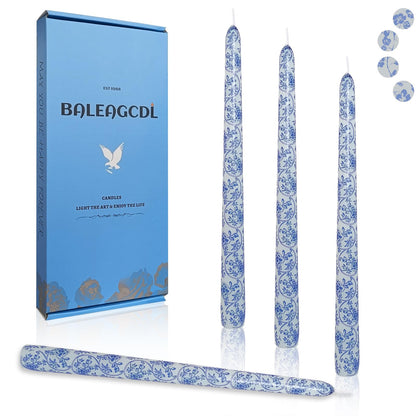 Floral Taper Candle Handmade Unscented Candlesticks 10 Inch Long Candle Sticks Blue Flower Print Tapered Candles for Home Party Wedding Party Set of 4