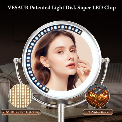 Professional 8.5" Large Lighted Makeup Mirror with Brighter Lights, 1X/10X True HD Magnifying Mirror with 3 Color Dimmable Lights, 90 Shadowless LEDs, 360°Swivel Seamless Vanity Mirror, Pearl Nickel