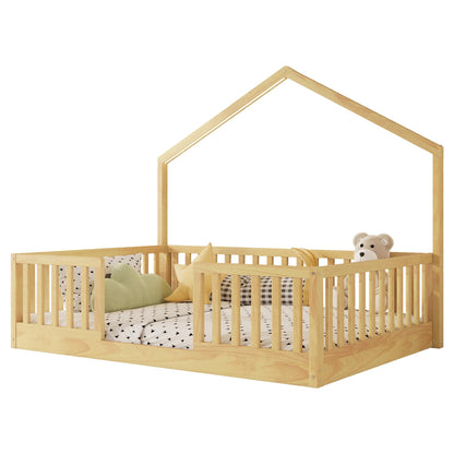 KEIKI Full House Shaped Floor Bed, Kids Montessori Platform Bed Frame with Light & Tall Rails, Solid Beds Frames Full-Size for Boys Girls Bedroom, No Box Spring Needed, Easy Assembly, Brown
