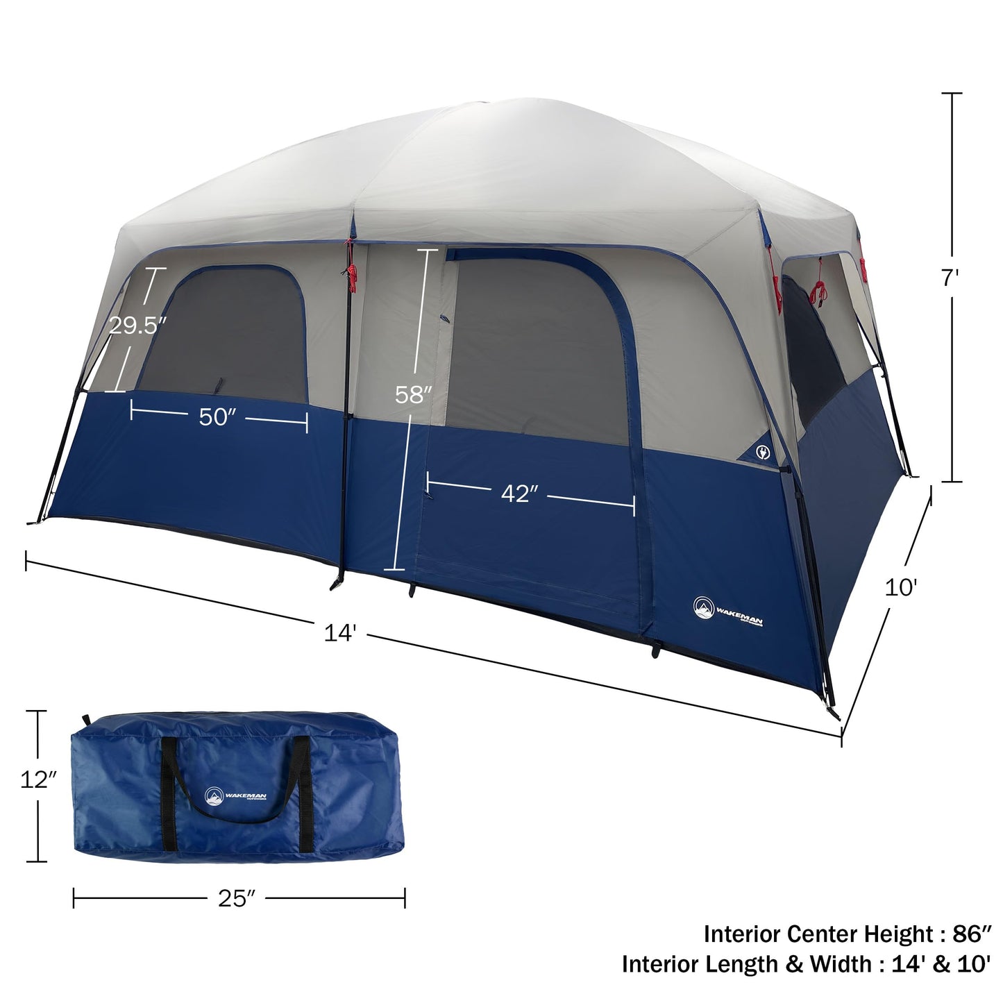 10 Person Camping Tent - Large Outdoor Tent with Room Divider and Rainfly - Family Camping House with 2 Doors and 4 Screen Windows by Wakeman Outdoors (Navy)