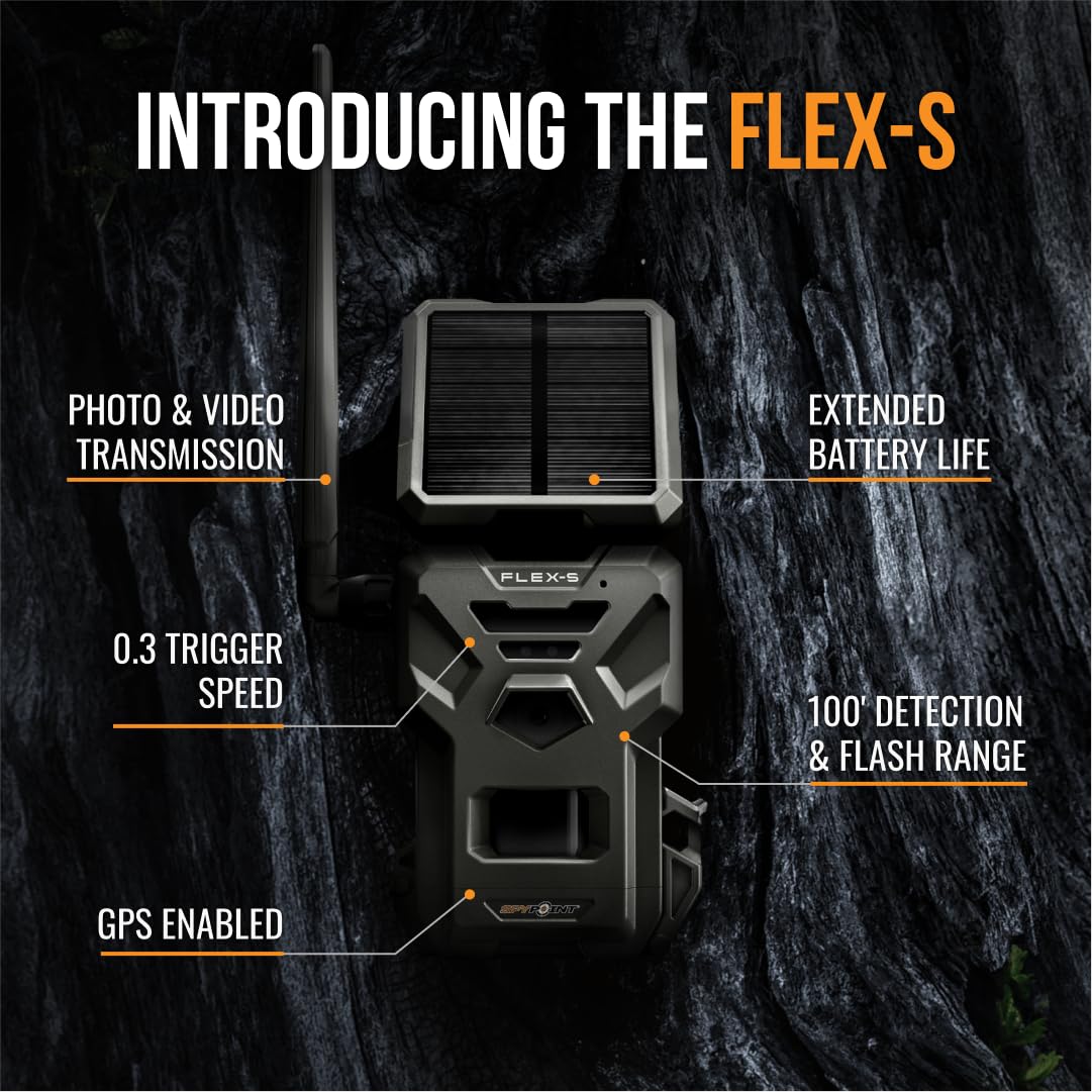 SPYPOINT FLEX-S Solar Outdoor Cellular Trail Camera - Integrated Solar Panel, No WiFi Needed, Hunting & Game Camera with Night Vision Motion Activated, Dual-Sim LTE, 36MP Photos, 1080p Videos + Sound