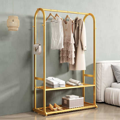 BUZUEY Gold Clothing Rack,Metal Garment Rack with Bottom Storage Shelves and 6 Side Hooks,modern Sturdy clothes racks for hanging clothes,Freestanding Wardrobe Rack for Bedroom or Boutique (L:39.4IN)
