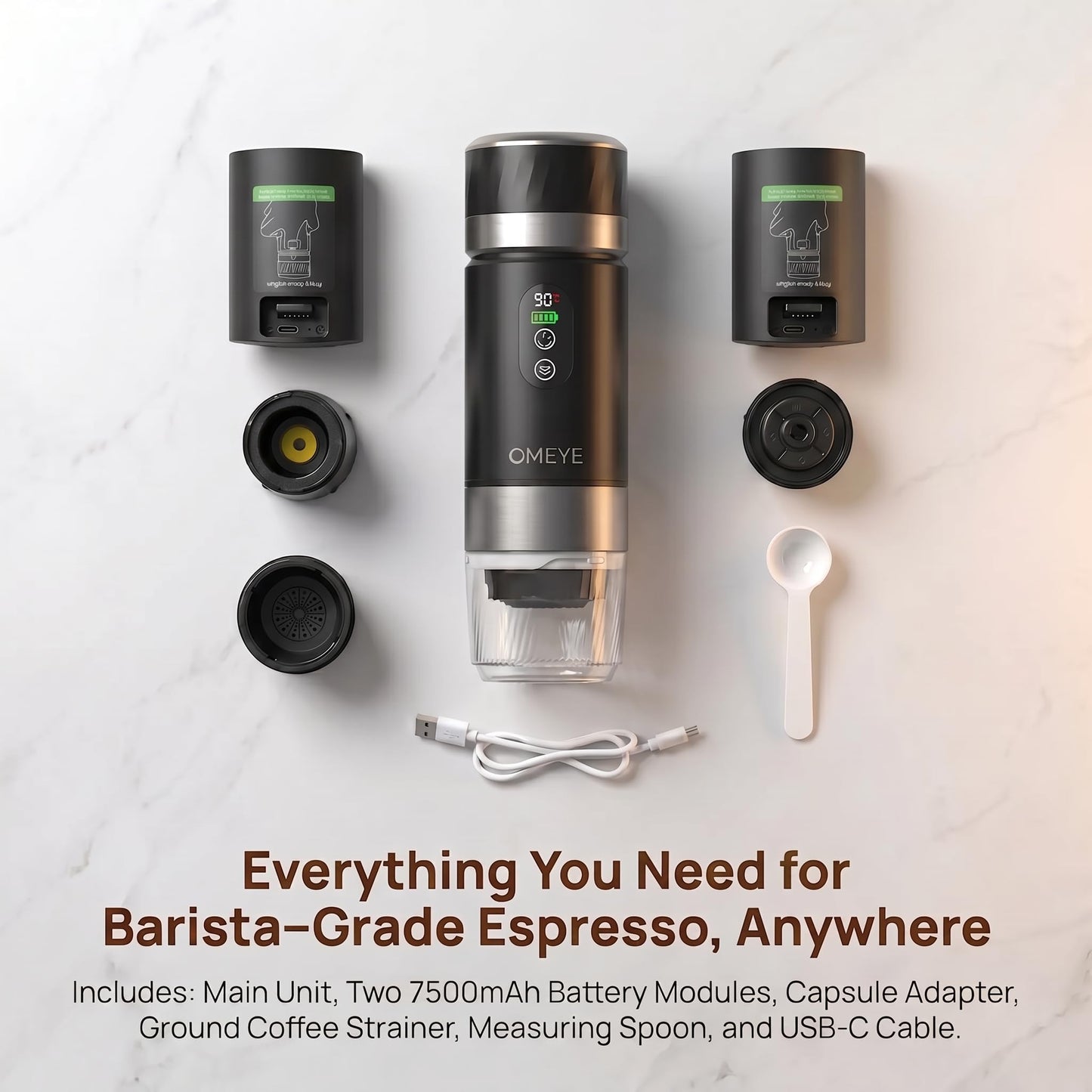 OMEYE Portable Espresso Maker for Camping Travel Office – 20 Bar Self-Heating Cordless Coffee Machine, LED Display, Dual 7500mAh Battery, USB-C, Compatible with Small/Large Capsules & Ground Coffee
