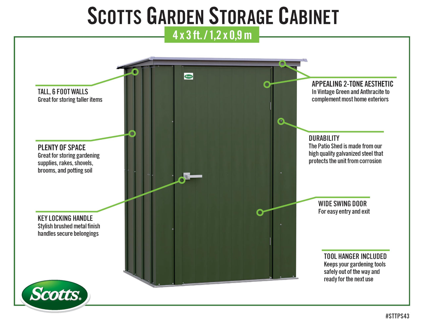 Scotts 4' x 3' x 6' Garden Storage Cabinet, Compact Outdoor Lockable Metal Shed Kit for Backyard, Patio, and Lawn