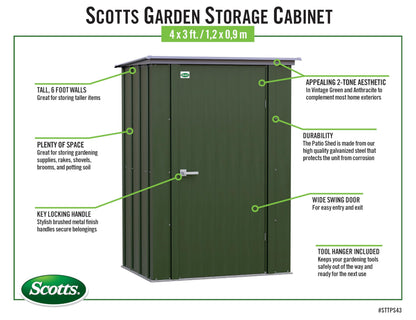 Scotts 4' x 3' x 6' Garden Storage Cabinet, Compact Outdoor Lockable Metal Shed Kit for Backyard, Patio, and Lawn