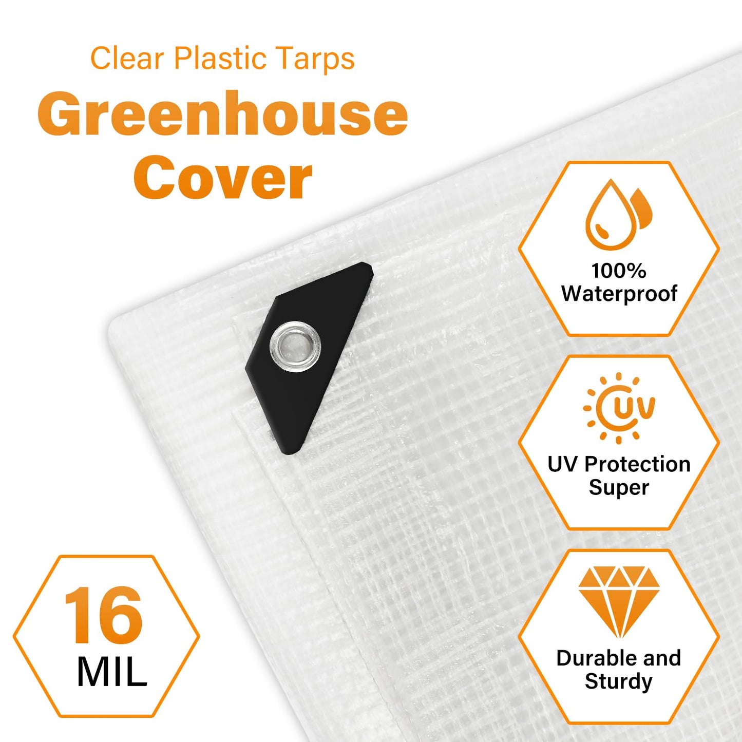 16 Mil Greenhouse Cover,Clear Plastic Tarps Heavy Duty Waterproof 20x30FT,UV Resistant Poly Clear Tarps with Grommets, Greenhouse Heavy Duty Tarp for Gardening, Farming, Nursery, Garden