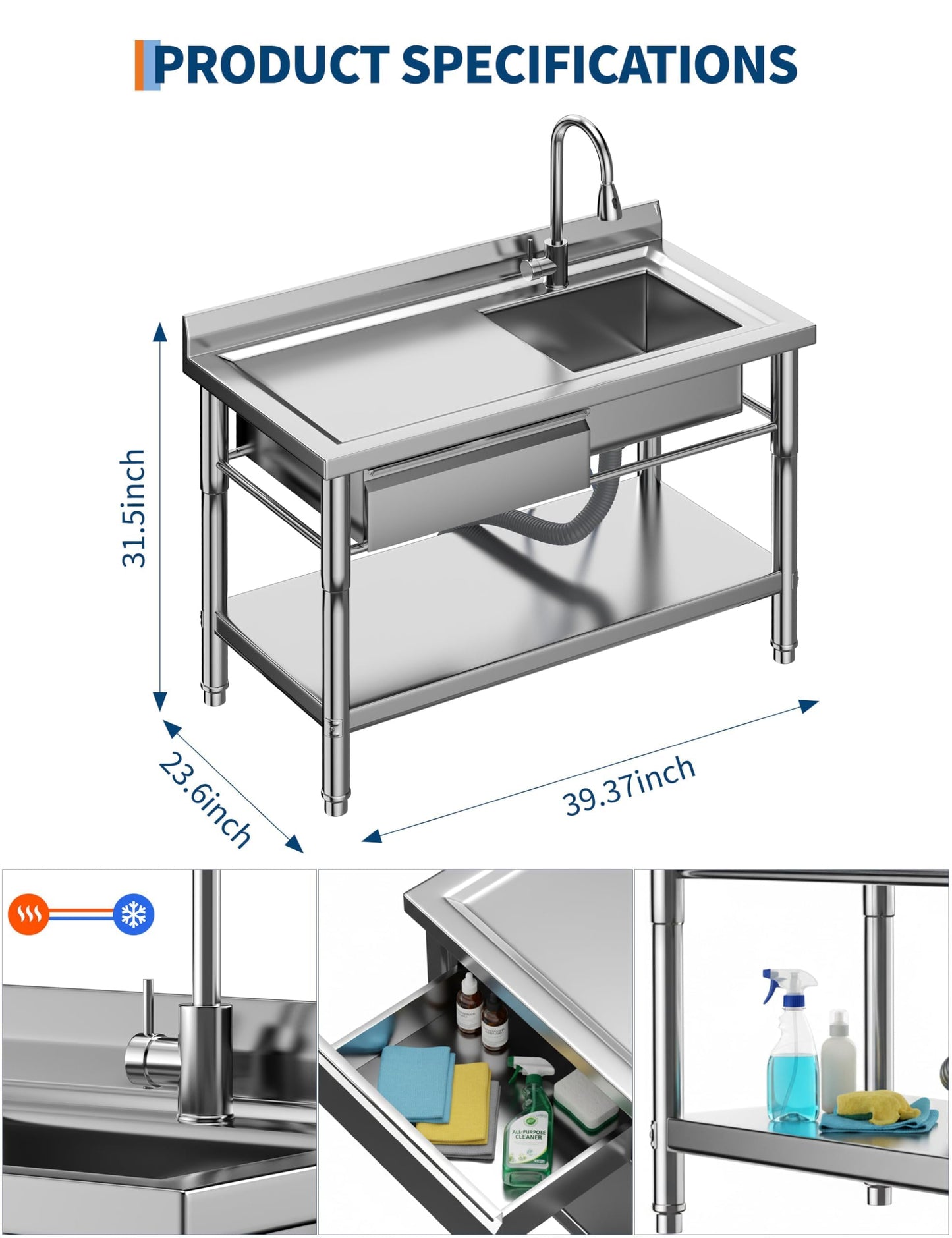 GarveeTech 39.4" Commercial Stainless Steel Utility Sink – Free Standing Single Bowl with Drawer & Hot/Cold Water Pipe for Kitchen, Laundry Room, Garage, Restaurant | Heavy-Duty Sink Station