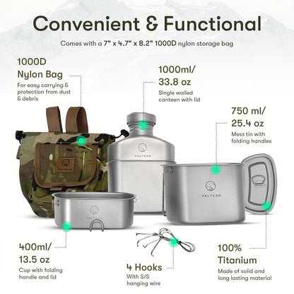 Valtcan Titanium Canteen Mess Kit 1100ml 37oz Capacity with 750ml and 400ml cookware Cups