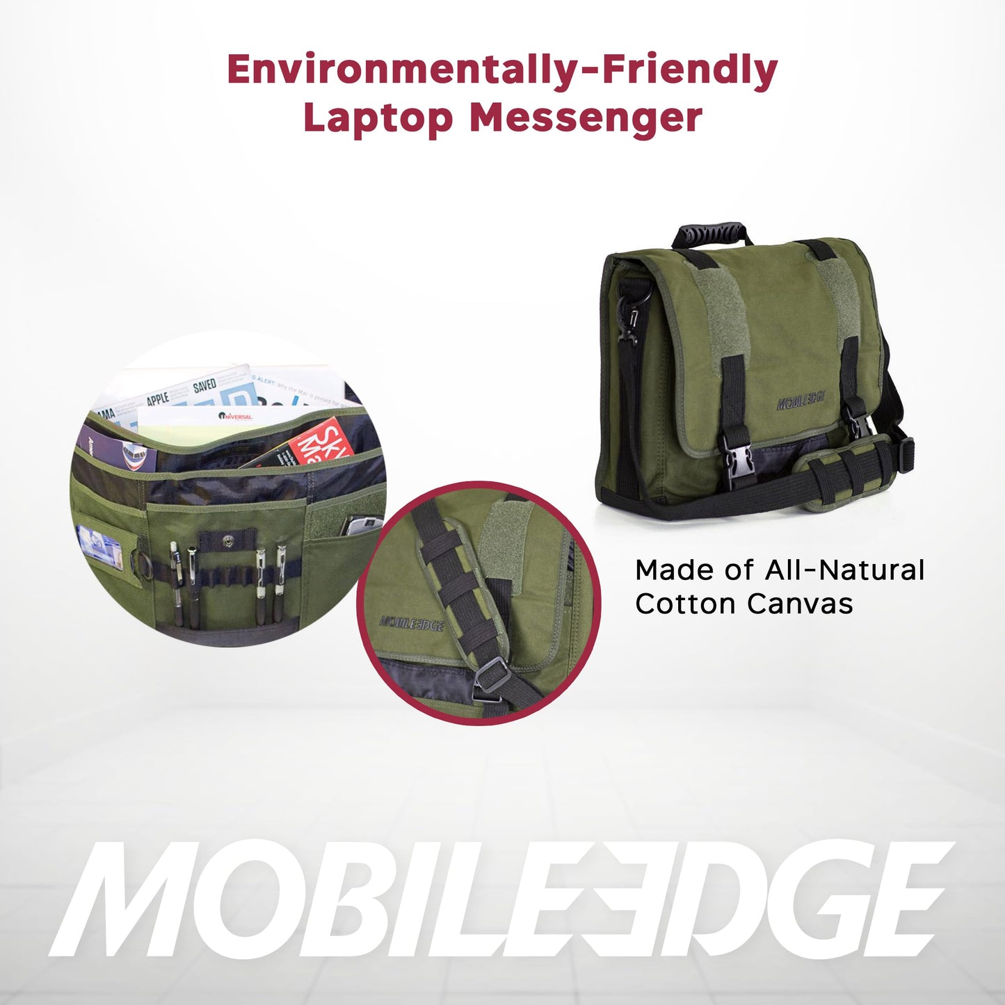 Mobile Edge ECO Laptop Messenger Bag for Men and Women, Fits Up To 17.3 Inch Laptops, Travel Work Computer Bag, Cotton Canvas, Padded Pockets, Black
