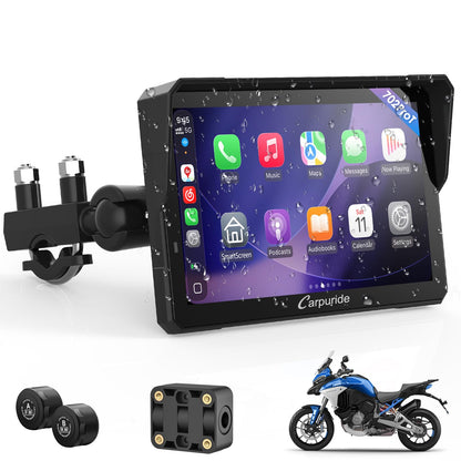 Carpuride W702T PRO 7" Waterproof GPS Navigation Screen for Motorcycle with CarPlay & Android Auto & TPMS & Dual Bluetooth, Music Sharing, Intercom, EQ, Light Sensor, Compass, Barometer