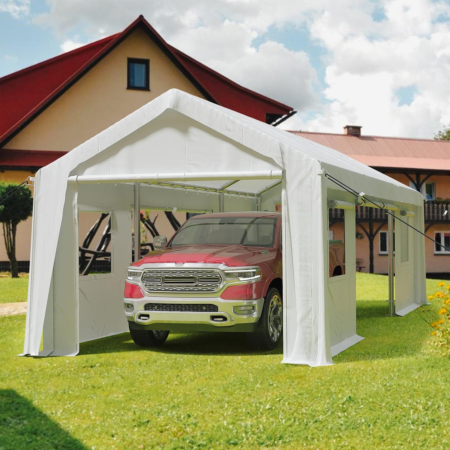 IDEALHOUSE 12x20 FT Heavy Duty Carport Canopy - Portable Garage with 6 Doors (4 Roll-Up + 2 Side), Waterproof All-Weather Shelter for Pickup Trucks & Boats (White)