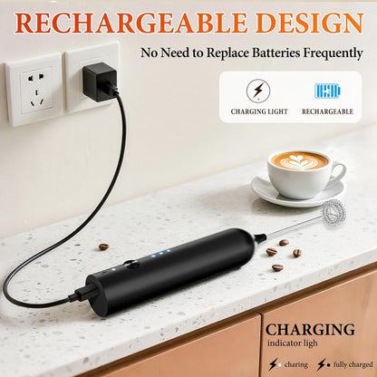 Skiennix Milk Frother - Rechargeable Handheld Drink Mixer with 3 Speed Settings & 3 Whisks | Black