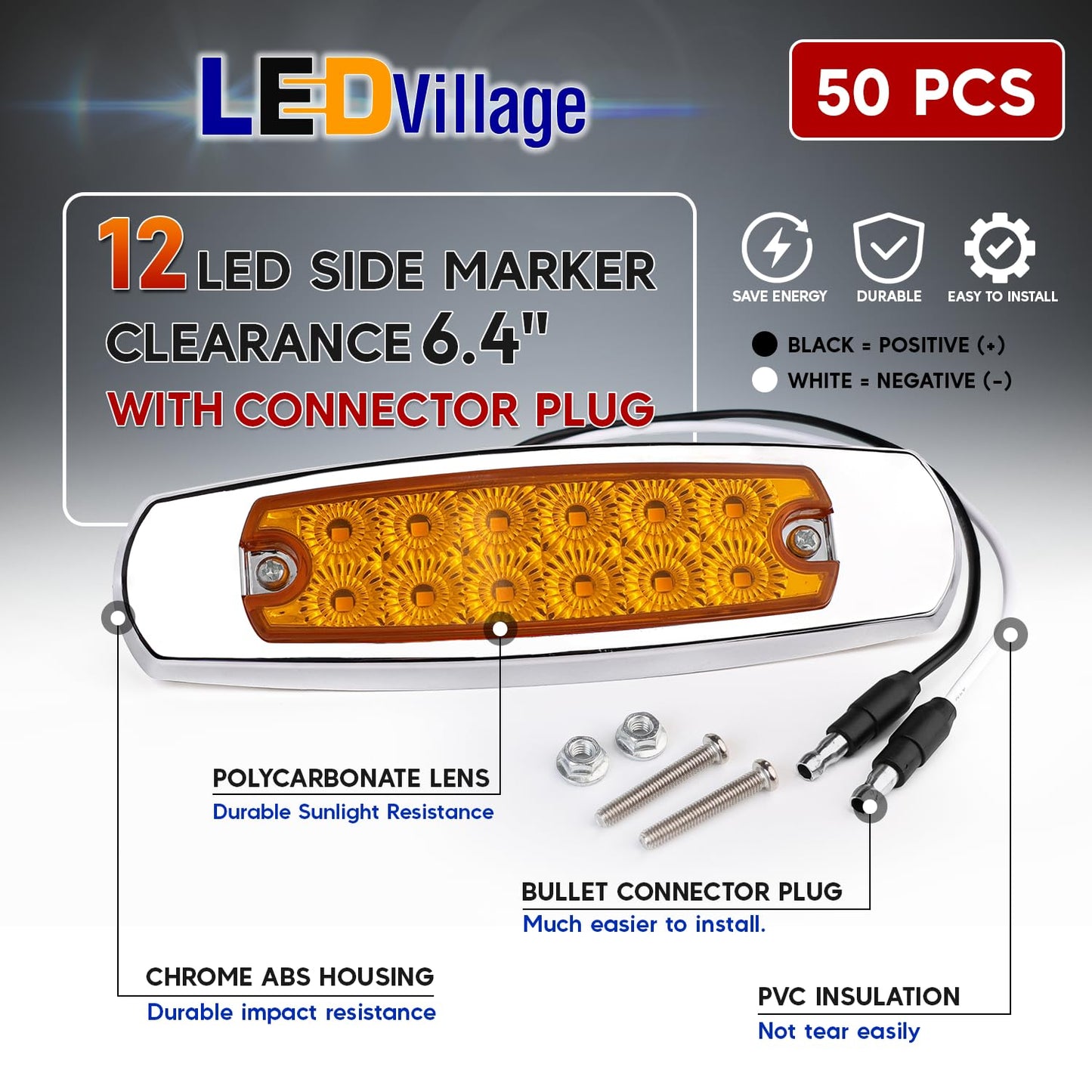 Ledvillage 50 Pack Amber LED Side Marker Lights with 2-Wire Plug 12LED Waterproof Clearance Fender Lamp for Trailer Truck RV SUV Surface Mount with Screws 12V DC
