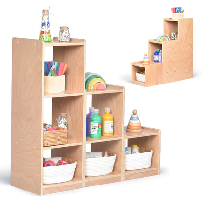 Bolocon Modular 3-Piece Cube Storage Cabinet, L-Shaped Reversible Ladder Corner Bookshelf with 6+ Cubes, 4-Tier Wooden Freestanding Organizer for Kids Room & Home Office, Natural
