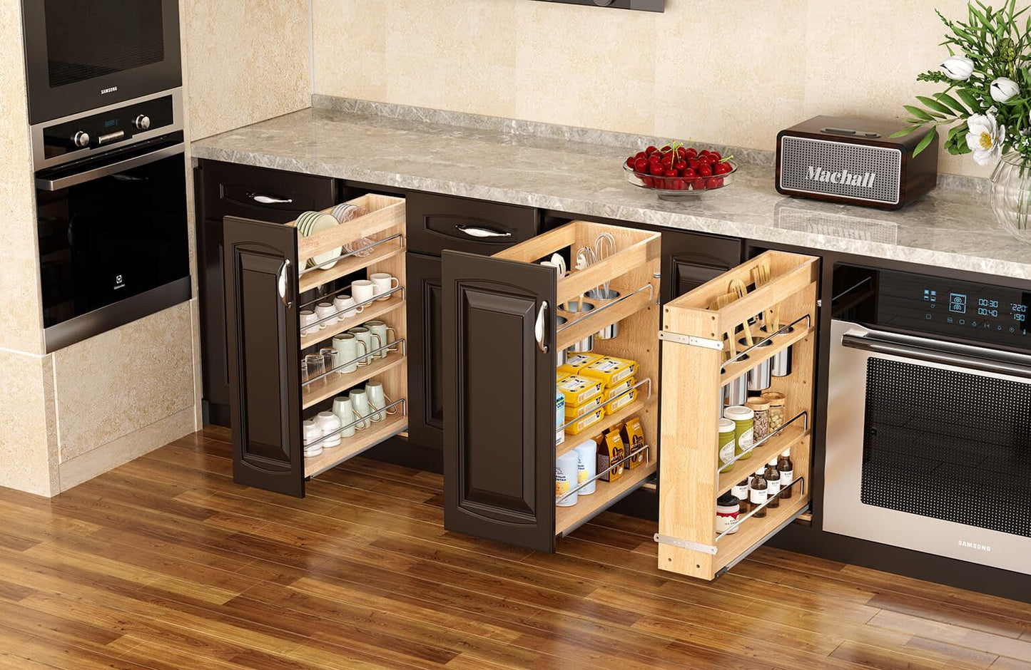 OCG 5" Pull-Out Solid Wood Storage Organizer for Base Cabinets, Soft Close 3 Tier Narrow Pull-out Wooden Storage Rack for Spices, Utensils, and Kitchen Tools