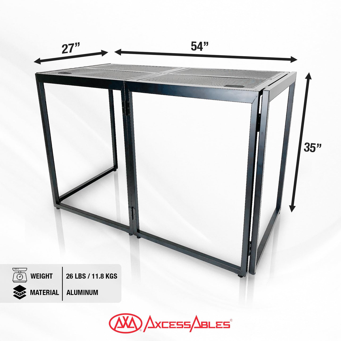 AxcessAbles Portable DJ Table XL – 54” x 27” Music Workstation | 35” Standing Height, 400lb Capacity | Collapsible FOH Sound Desk for DJs, Mixing Consoles, Guitar Techs| Recording Desk | DJ Booth