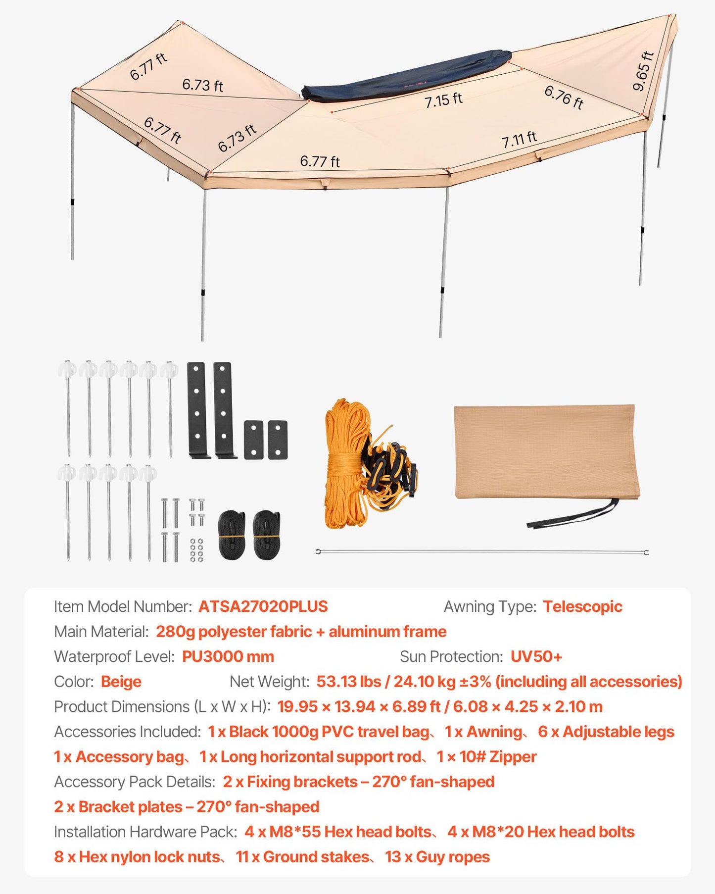 VEVOR 270 Degree Awning, 133 sq.ft Passenger Side Vehicle Awning, UV50+ Waterproof Car Side Awnings with Carry Bag, All-Weather Overland Awnings Car Shelter for SUV Van Truck Camping