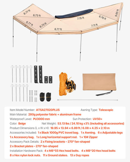 VEVOR 270 Degree Awning, 133 sq.ft Passenger Side Vehicle Awning, UV50+ Waterproof Car Side Awnings with Carry Bag, All-Weather Overland Awnings Car Shelter for SUV Van Truck Camping