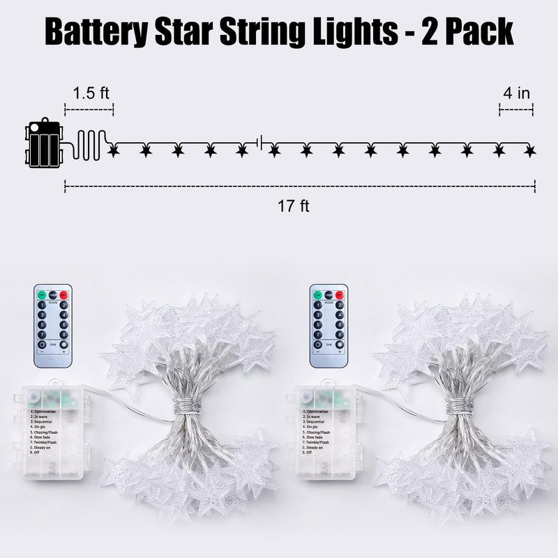 Brightown Star String Lights Battery Operated - 17 ft 50 LED Star Fairy String Lights with Remote and Timer, 8 Modes Waterproof for Bedroom Tent Loft Bed Patio Party Wedding Decor, White