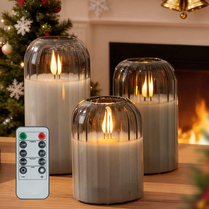 Ribbed Glass Battery Candles - FLameless Candles with Remote, Sage Green LED Candles with Timer, Warm Light, Lasting 350 Hrs and Brightness Adjustment, Φ 3" H 4" 5" 6", Set of 3 for Christmas Decor