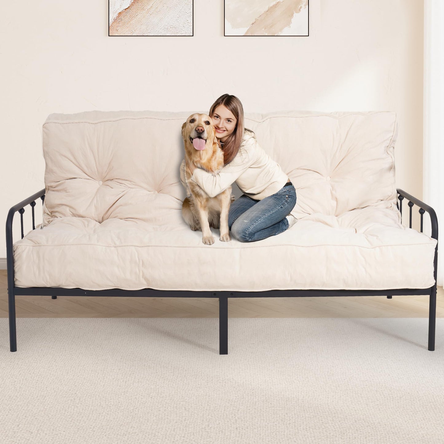 8" Futon Mattress Full Size, Floor Mattress for Adults, Foldable Sofa Couch Bed with Shredded Foam Filling, Comfy Sleeping Mat for Guest, Camping, Dorm, White(Frame Not Included), 54" x 80"
