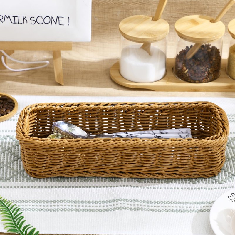 Cabilock 2pcs Wicker Cutlery Basket, Rectangular Woven Storage Bins for Kitchen Drawer, Rattan Utensil Organizer Tray, Flatware Silverware Holder for Dining Table Countertop