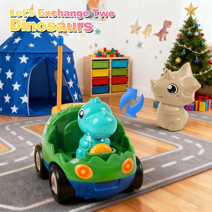 MagicKidz Dinosaur RC Car for Kids - 2-Pack Remote Control Dino Toy Cars for Boys Toddlers Ages 18+ Months 2 3 4 5 Year Old Birthday Gifts with Lights and Music