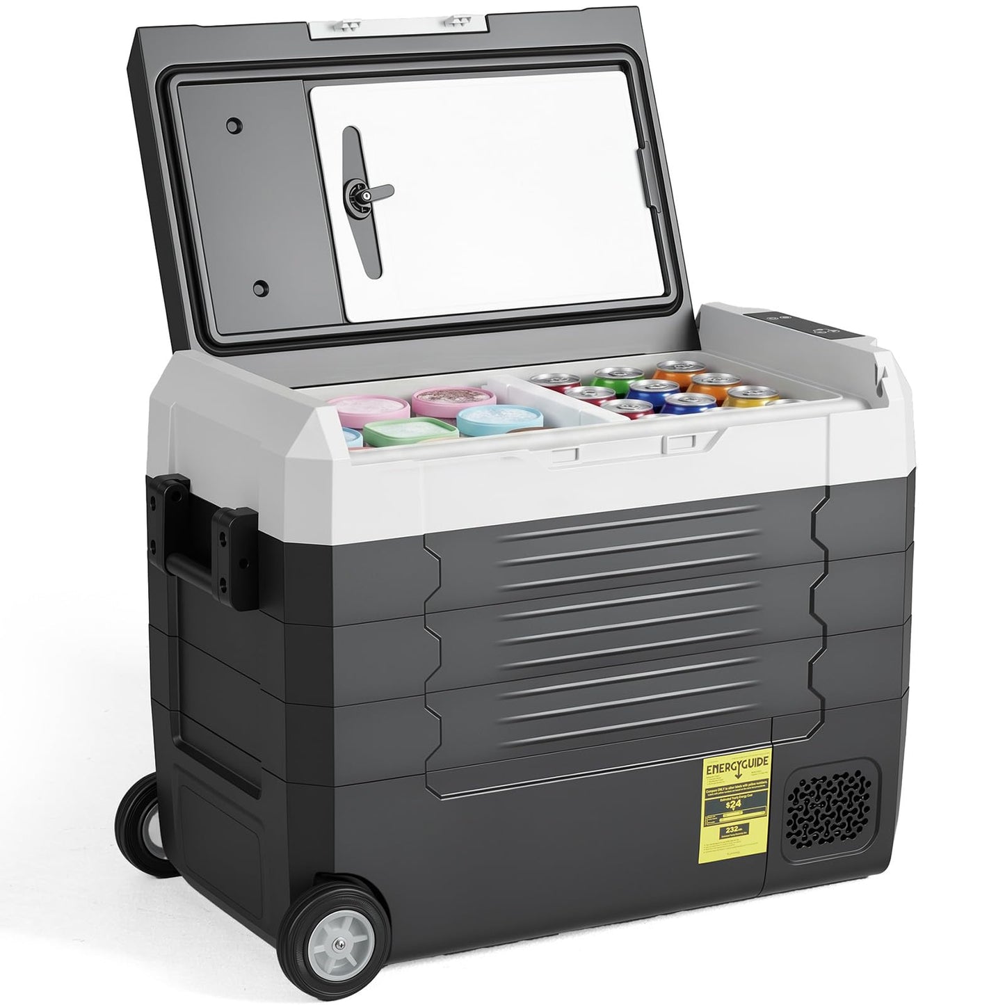 OLIXIS Portable Car Refrigerator, 53QT Dual-Zone Electric Cooler for Vehicles with Wheels & Cutting Board, -4℉-68℉ Freezer Smart Control via Bluetooth, Battery Protection, 12/24V DC & 100-240V AC