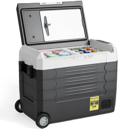 OLIXIS Portable Car Refrigerator, 53QT Dual-Zone Electric Cooler for Vehicles with Wheels & Cutting Board, -4℉-68℉ Freezer Smart Control via Bluetooth, Battery Protection, 12/24V DC & 100-240V AC