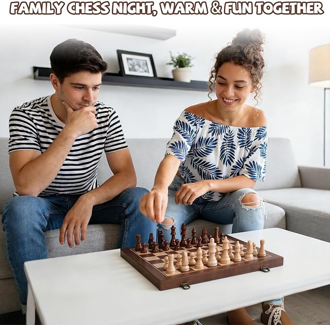 15 Inch Magnetic Wooden Chess Set with Storage Folding Chess Board Game with Strong Magnets Tournament Size 3 Inch King 2 Extra Queens Portable Travel Chess Set for Adults &amp Kids