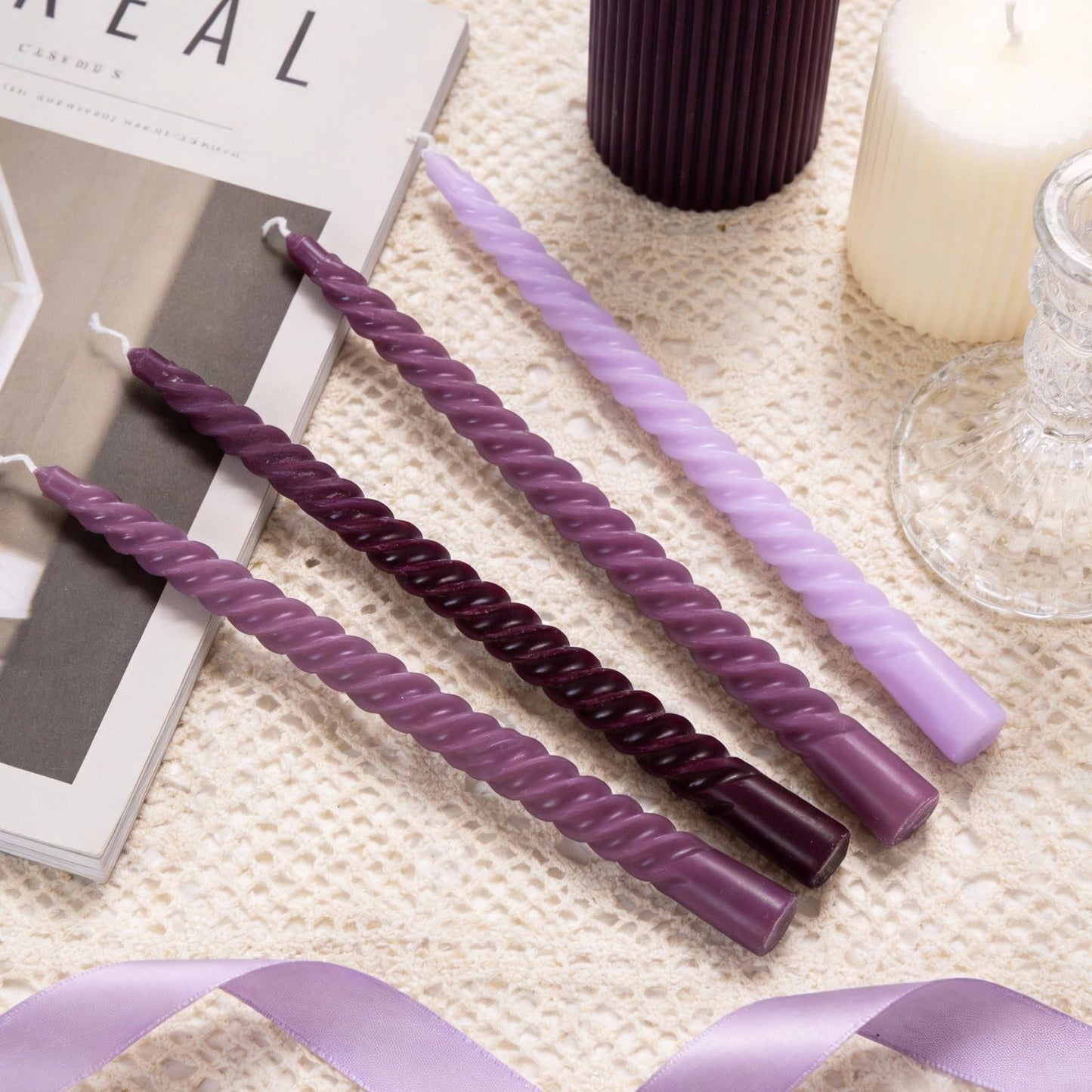 Purple Spiral Taper Candles, 10 inch Gradient Twisted Candles,4 Pack Unscented and Smokeless Long Burning Candles with Cotton Wicks,Tall Candlesticks,Ideal for Weddings, Dinner Parties, and Home Décor