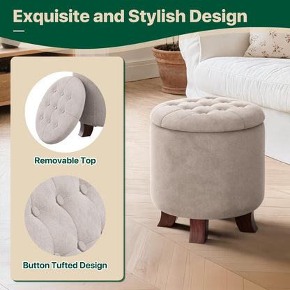 MoNiBloom Round Ottoman with Storage, Small Foot Rest Stool with Legs, 15.5 Dia. x 17 H Inches Upholstered Ottoman with Storage for Living Room, Bedroom, Beige