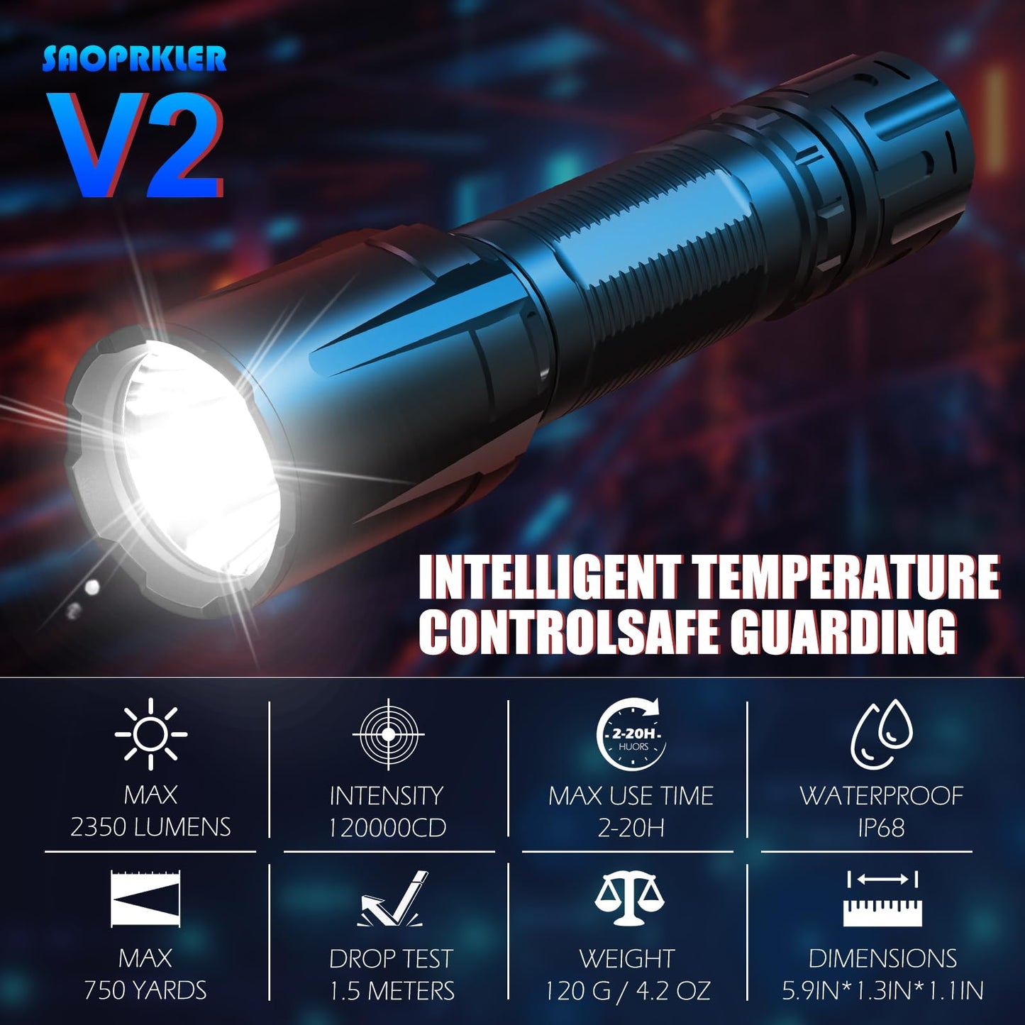 SAOPRKLER V2 Police Tactical Flashlight-2350 High Lumen Duty Belt Flashlight for Law Enforcement,Flashlight with Holster(750 Yards/2H) Military Grade Super Bright Flashlights