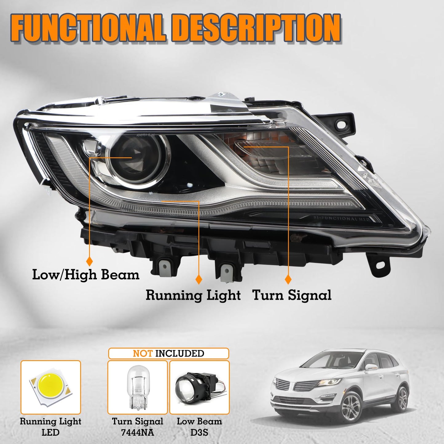 YEQSHNG RH HID/Xenon LED DRL Projector Headlights Semi-Assembly Compatible With 2015-2019 Lincoln MKC Headlamp W/O Bulbs Right Passenger Side FO2519125 EJ7Z13008C