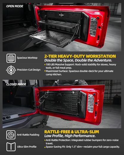 OFFROAD GAMERS 2-Tier Tailgate Table for Jeep Wrangler JK JL JLU 2007-2024 Accessories, Foldable Rear Cargo Shelf Molle Panel Organizer, Heavy Duty 100LBS Capacity Camping Kitchen Workbench