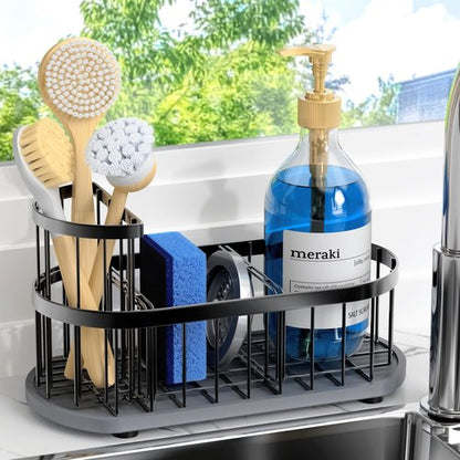 HOKEMOM Sponge Holder for Kitchen Sink with High Brush Holder, [Stay-Dry Anywhere & No Drainage Needed] Rustproof Stainless Steel Kitchen Sink Caddy Organizer with Water Absorbing Stone Tray, Black
