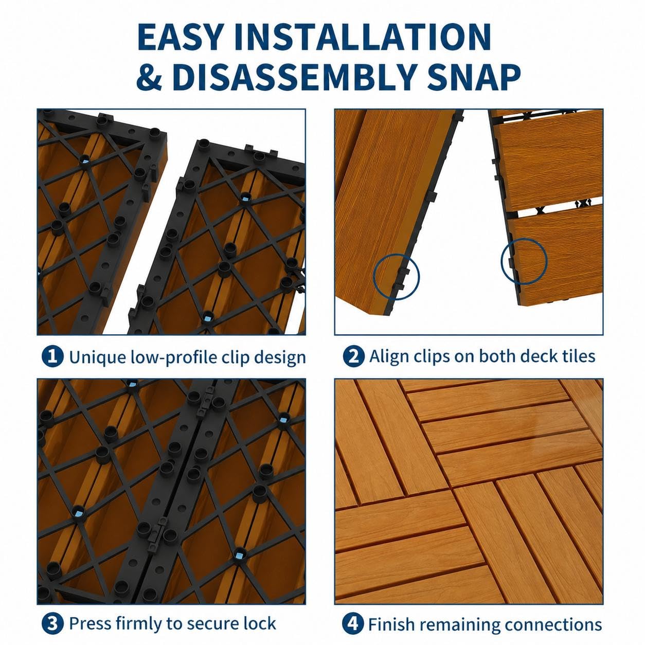 Waterproof Interlocking Composite Deck Tiles 12"X12" – Wood-Look Outdoor & Indoor Tiles for Patio, Balcony, Deck, Poolside & Wall Décor – All-Weather Snap-Together Flooring, Teak, 27 Pcs