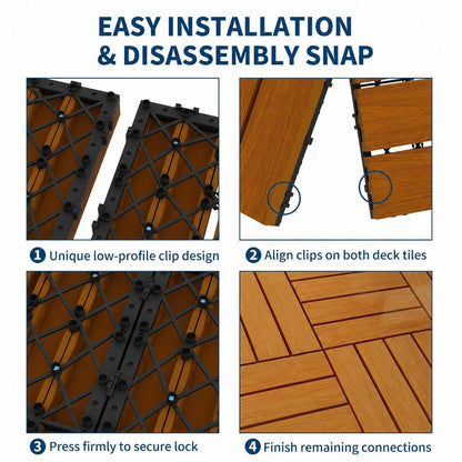 Waterproof Interlocking Composite Deck Tiles 12"X12" – Wood-Look Outdoor & Indoor Tiles for Patio, Balcony, Deck, Poolside & Wall Décor – All-Weather Snap-Together Flooring, Teak, 27 Pcs