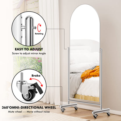 AISUNDY Arched Mobile Full Length Floor Mirror on Rolling Wheels, 65" Lx23 W Large Modern Tilting Swivel Mirror with Stainless Steel Frame, Silver, Use for Dressing,Dancing,Fitness,Gym Exercise
