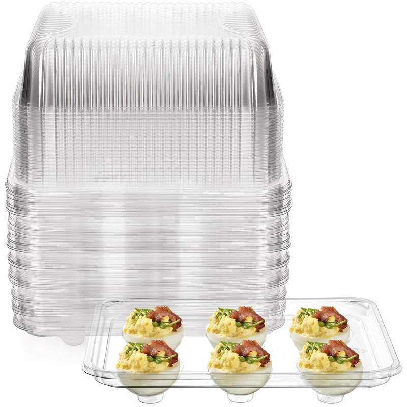 Yopay 50 Pack Deviled Egg Trays with lid, Plastic Clear 6 Slots Deviled Eggs Halves Carrier Deviled Container Dish Plate Holder for Party, Classic Cuisine Trays