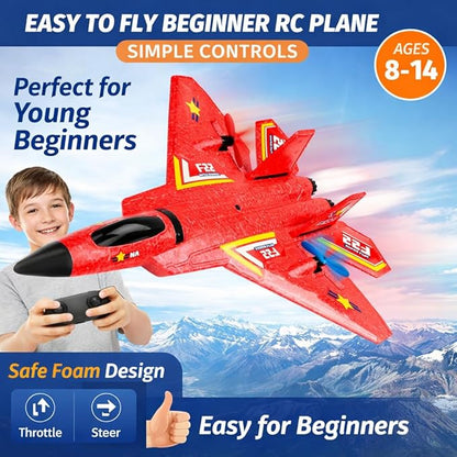Remote Control Plane F-22 Raptor 2.4GHz Durable Foam Rc Airplane with Smart Gyro/LED Lights/3 Rechargeable Batteries RC Jet Glider Toy Gift for Kids Boys Girls 8-16 Year Old (Red)