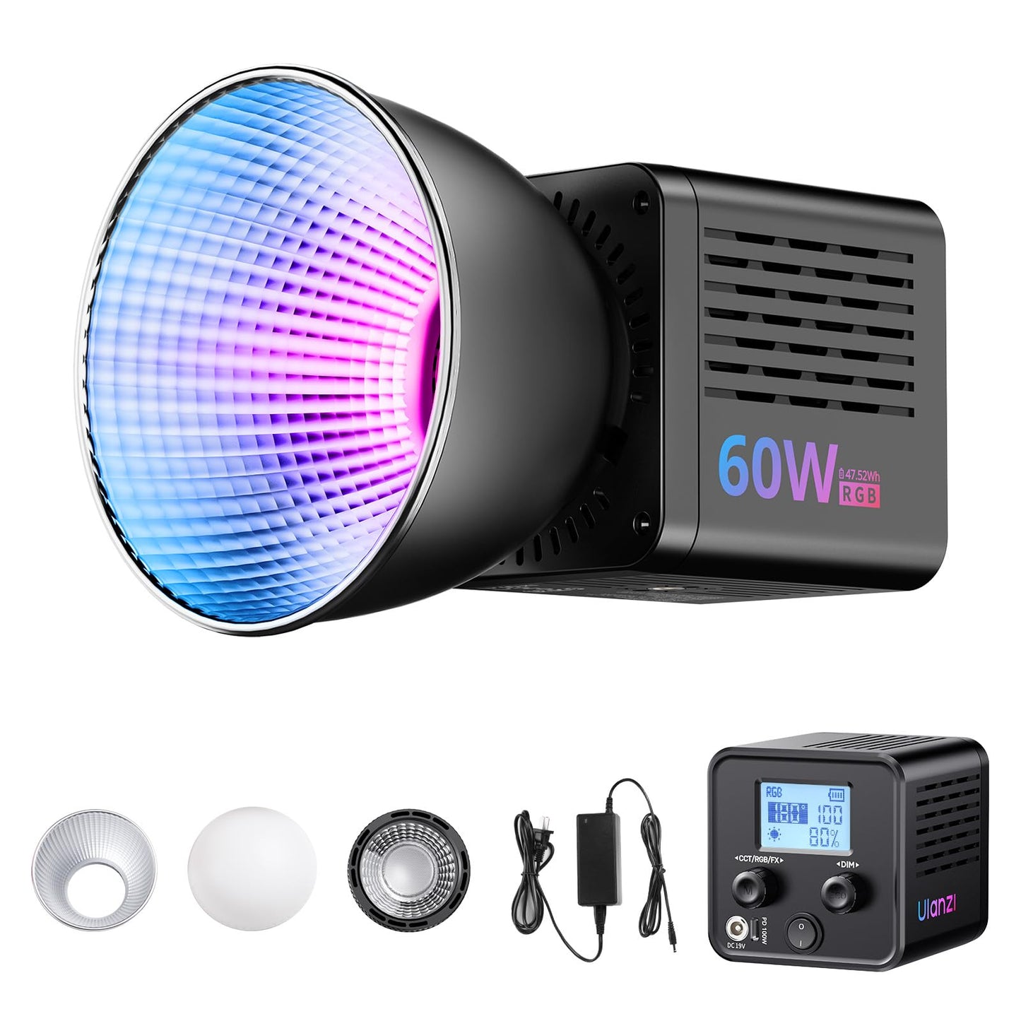 ULANZI C60RGB 60W RGB COB Video Light, Mini Bowens Portable LED Photography Continuous Output Lighting 2500K–6500K CRI≥95 20 Effects 3300mAh Rechargeable Handheld Spotlight with 1/4" Thread, DC/Type-C