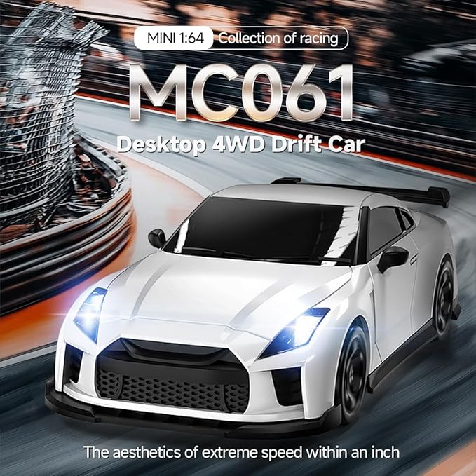 1/64 Scale RC Drift Car - 2.4GHz Half-Scale Remote Control 4WD High-Speed Mini Remote Control Car with Racing Lights (White)