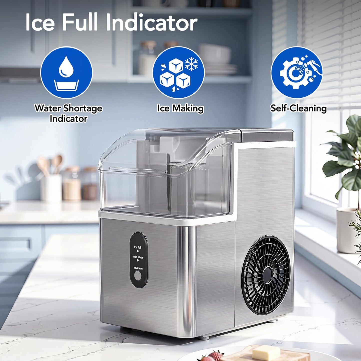 Electactic Nugget Ice Makers Countertop, Soft Crushed Pellet Portable Ice Machine with Auto-Cleaning Function, 35Lbs/24H, One-Click Operation Ice Makers for Kitchen, Office, Home