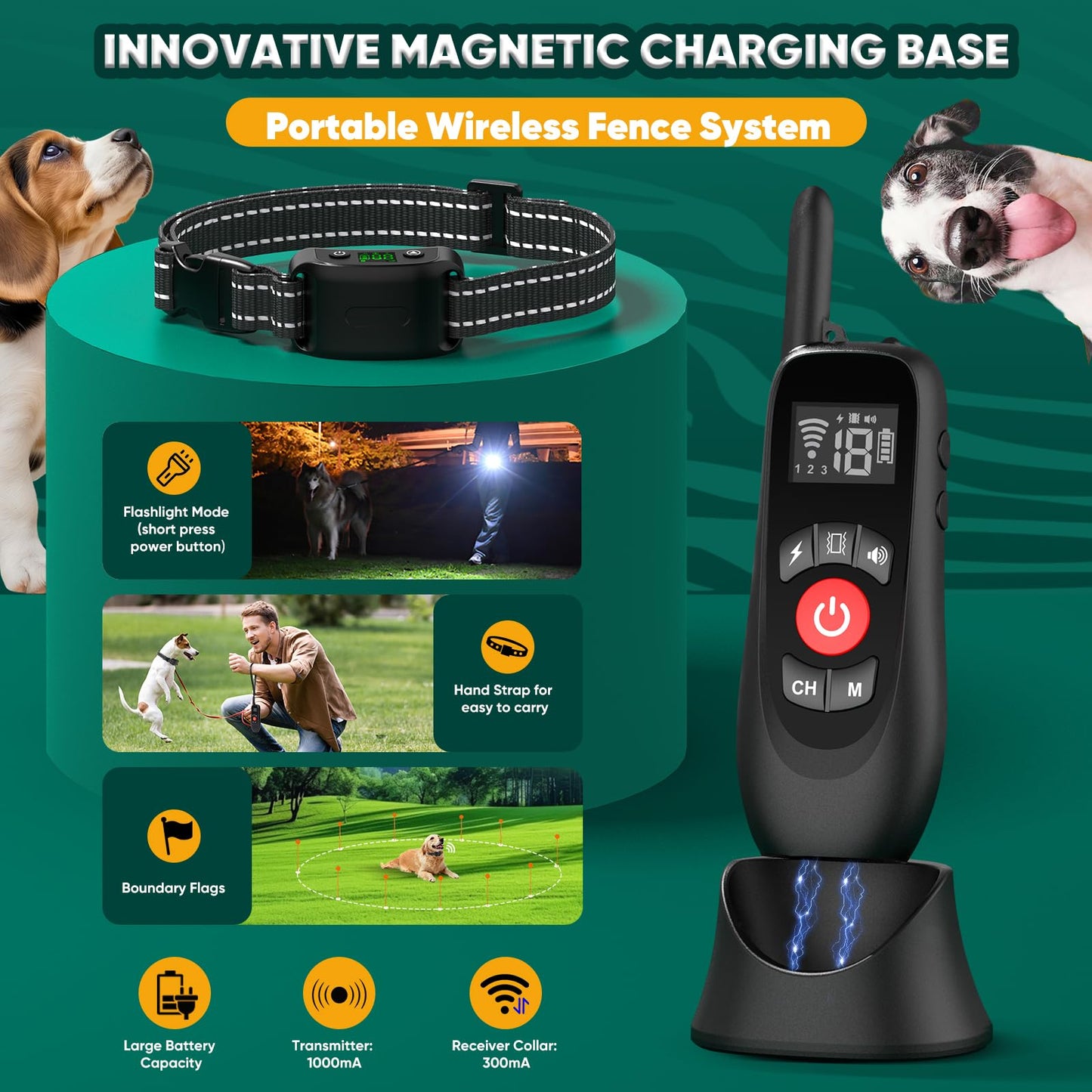 howfateam Wireless Dog Fence Collar, Electric Dog Fence & Remote Training Collar, Magnetic Charging Base, Portable Outdoor Wireless for Yards, Adjustable for Small Medium Large Dogs