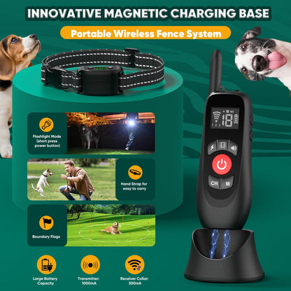 howfateam Wireless Dog Fence Collar, Electric Dog Fence & Remote Training Collar, Magnetic Charging Base, Portable Outdoor Wireless for Yards, Adjustable for Small Medium Large Dogs