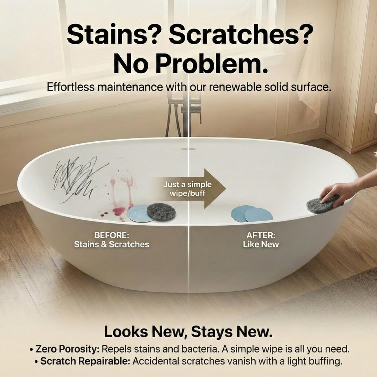 Cpingao 63" Solid Surface Freestanding Bathtub, Modern Oval Shape Soaking Tub, Stone Resin Stand Alone Bathtub with Drain & Integrated Slotted Overflow Matte White 8845-1600