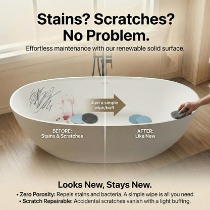 Cpingao 63" Solid Surface Freestanding Bathtub, Modern Oval Shape Soaking Tub, Stone Resin Stand Alone Bathtub with Drain & Integrated Slotted Overflow Matte White 8845-1600