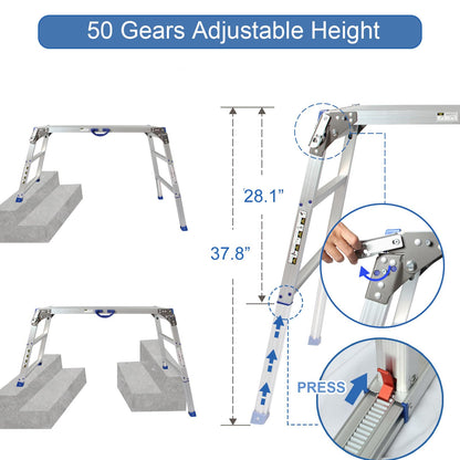 LEADALLWAY Adjustable Work Platform (47"x20") Ultra-Wide Portable Folding Aluminum Work Platform 330 Lbs Capacity 50 Gear Adjustable Height 27.5 to 37 inches